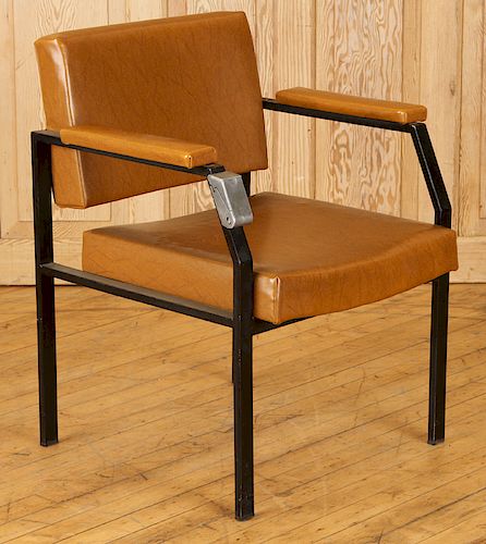 AN IRON OPEN ARM CHAIR WITH ASH