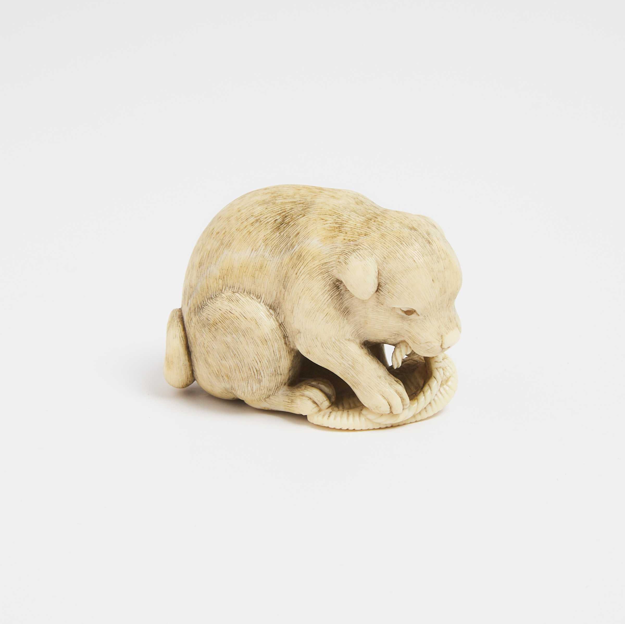 An Ivory Netsuke of a Puppy, Signed