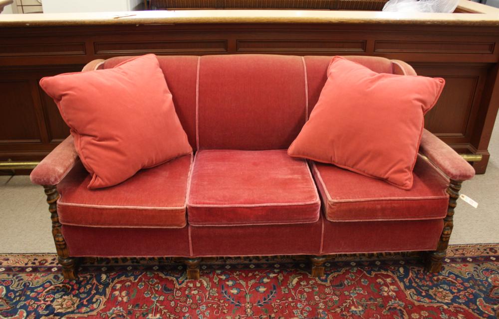 AN OAK AND ROSE MOHAIR SOFA, FEUDAL