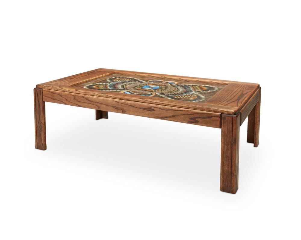 AN OAK BUTTERFLY INLAID TABLEAn oak