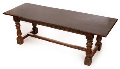 An oak three-plank refectory table,