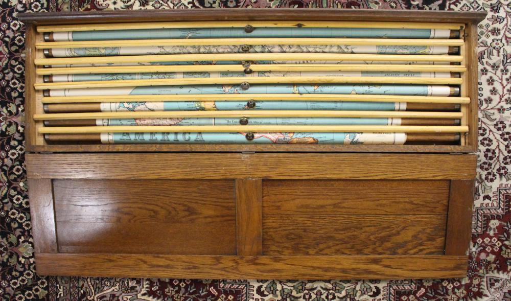 AN OAK WALL-MOUNT MAP CABINETAN OAK