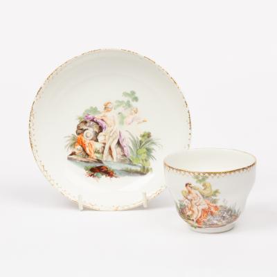 An ogee cup and saucer, circa 1780,