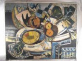An oil on board abstract signe