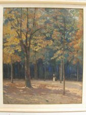 An oil on canvas of a wooded a