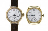 AN OMEGA 9CT GOLD CUSHION SHAP