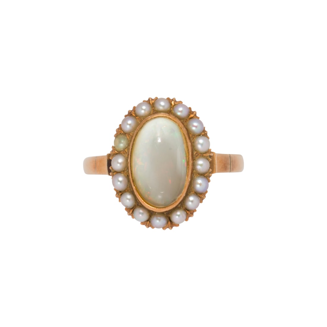 AN OPAL, SEED PEARL AND 14K GOLD