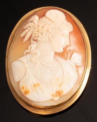 An oval shell cameo brooch