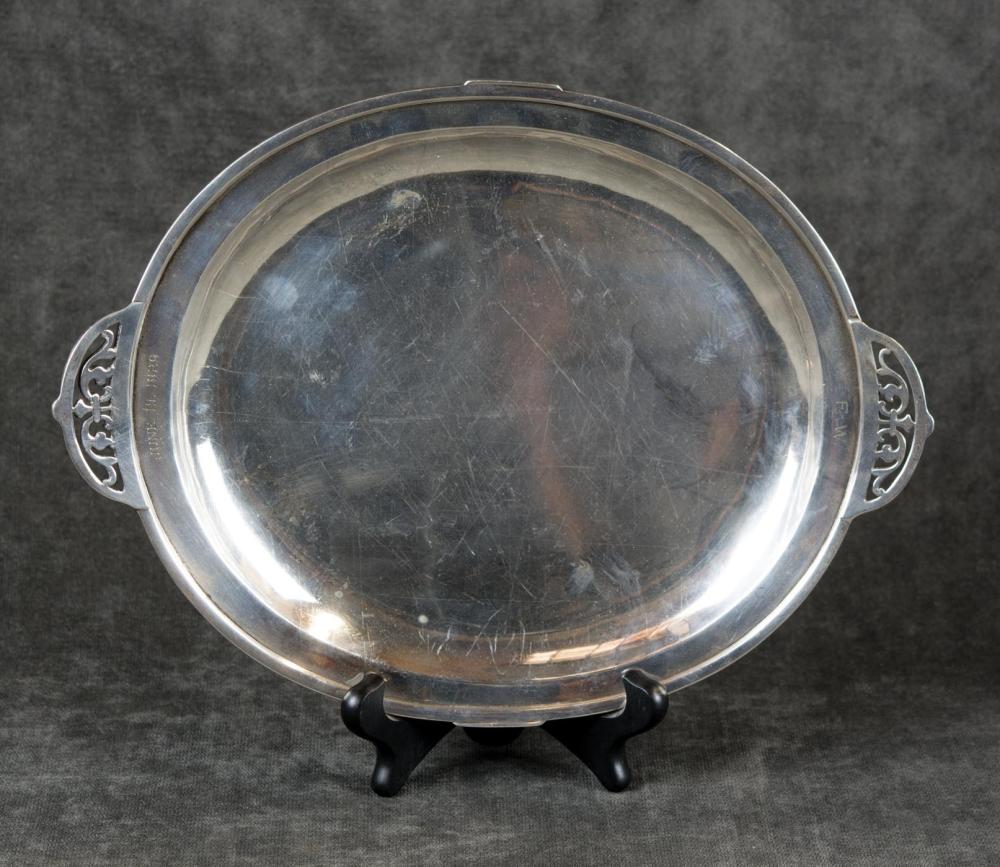 AN OVAL STERLING SILVER TRAY WITH