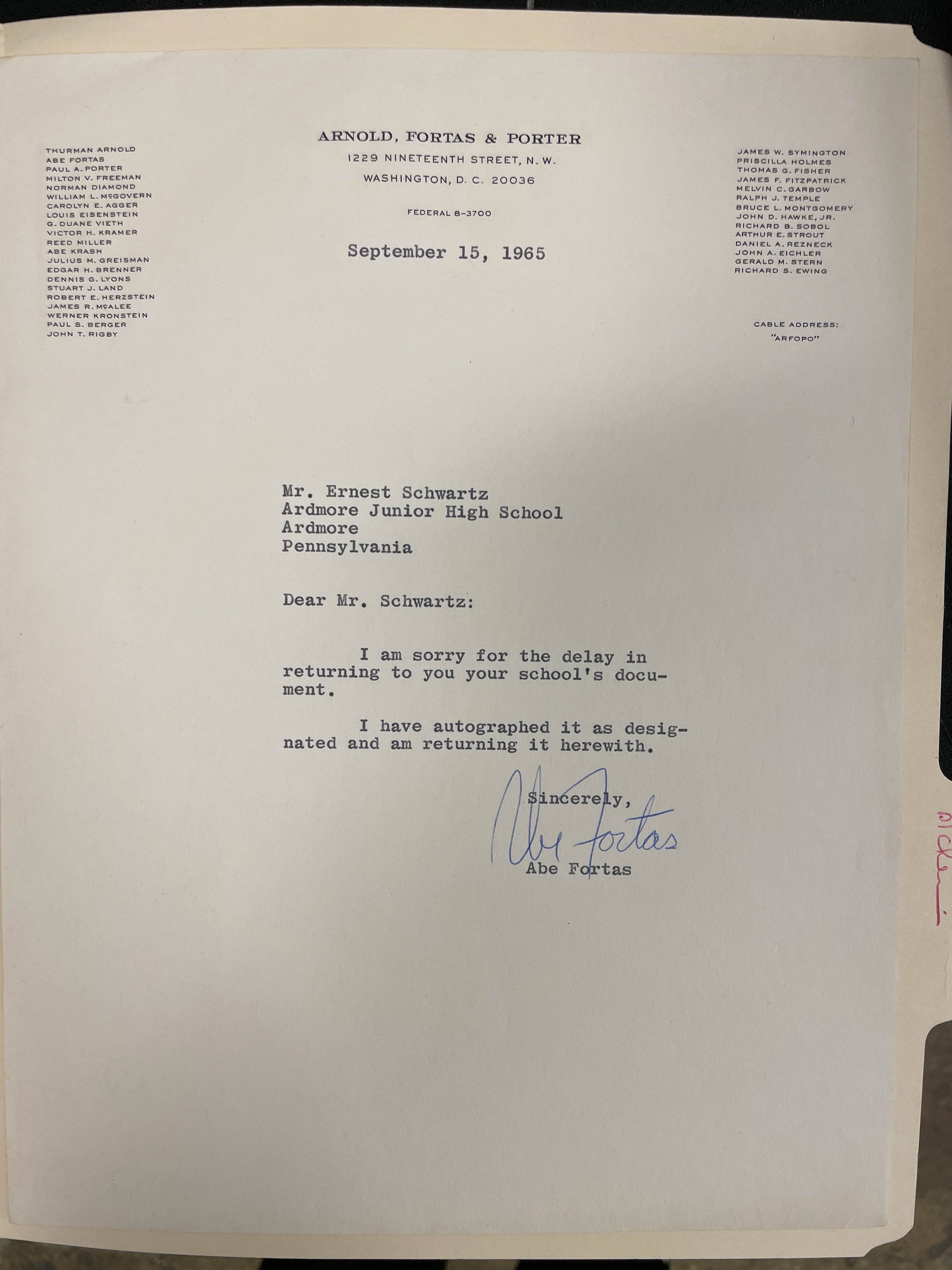 An typed letter, signed by