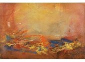 An unframed abstract oil on ca