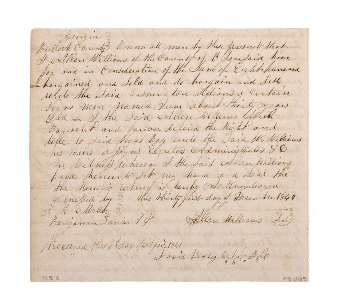 ANTEBELLUM SLAVE SALE DOCUMENT FROM