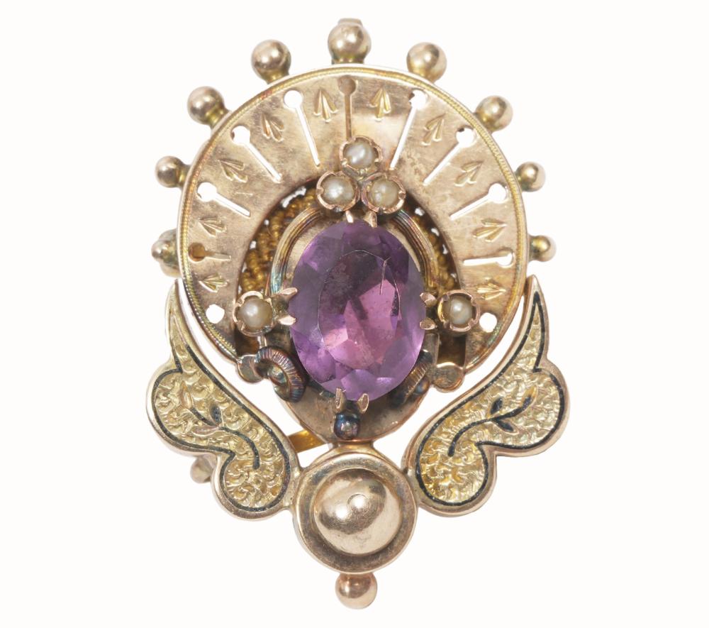 ANTIQUE 14K YG AMETHYST & PEARL