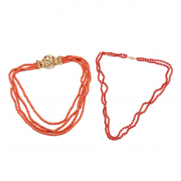 ANTIQUE 18KT AND MULTI-STRAND CORAL