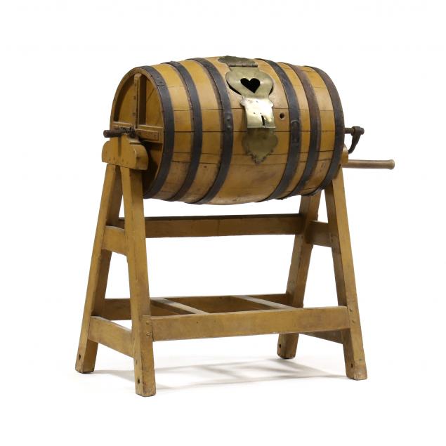 ANTIQUE BARREL FORM BUTTER CHURN ON