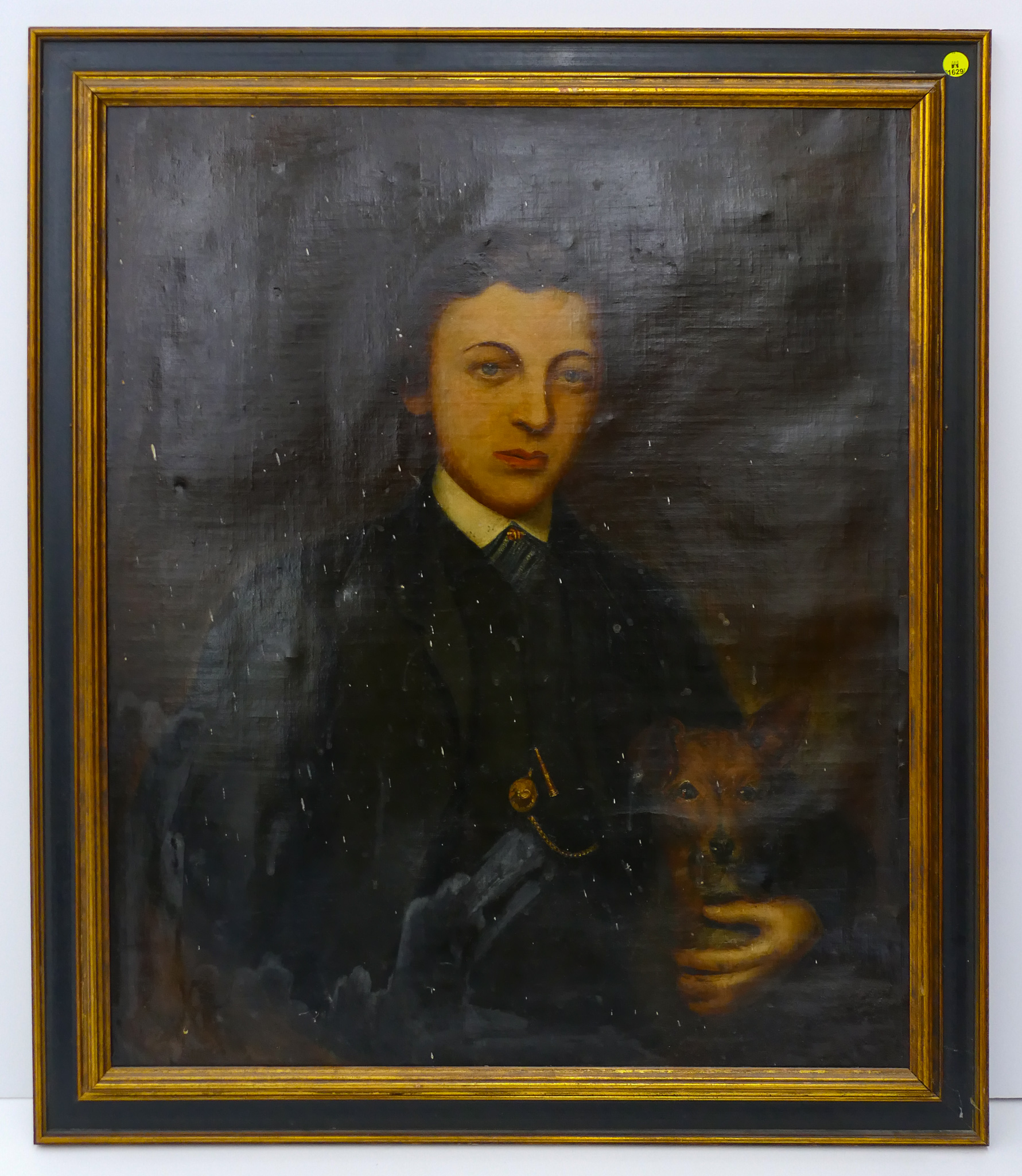 Antique Boy with Dog Portrait Oil