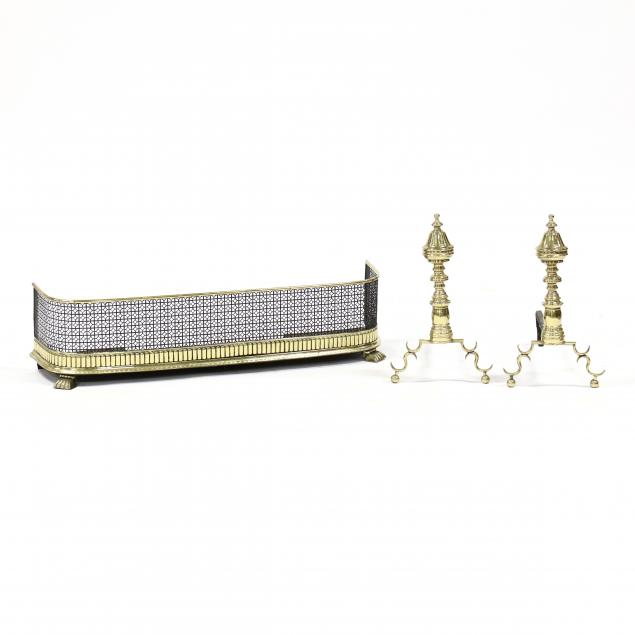 ANTIQUE BRASS ANDIRONS AND FIRE