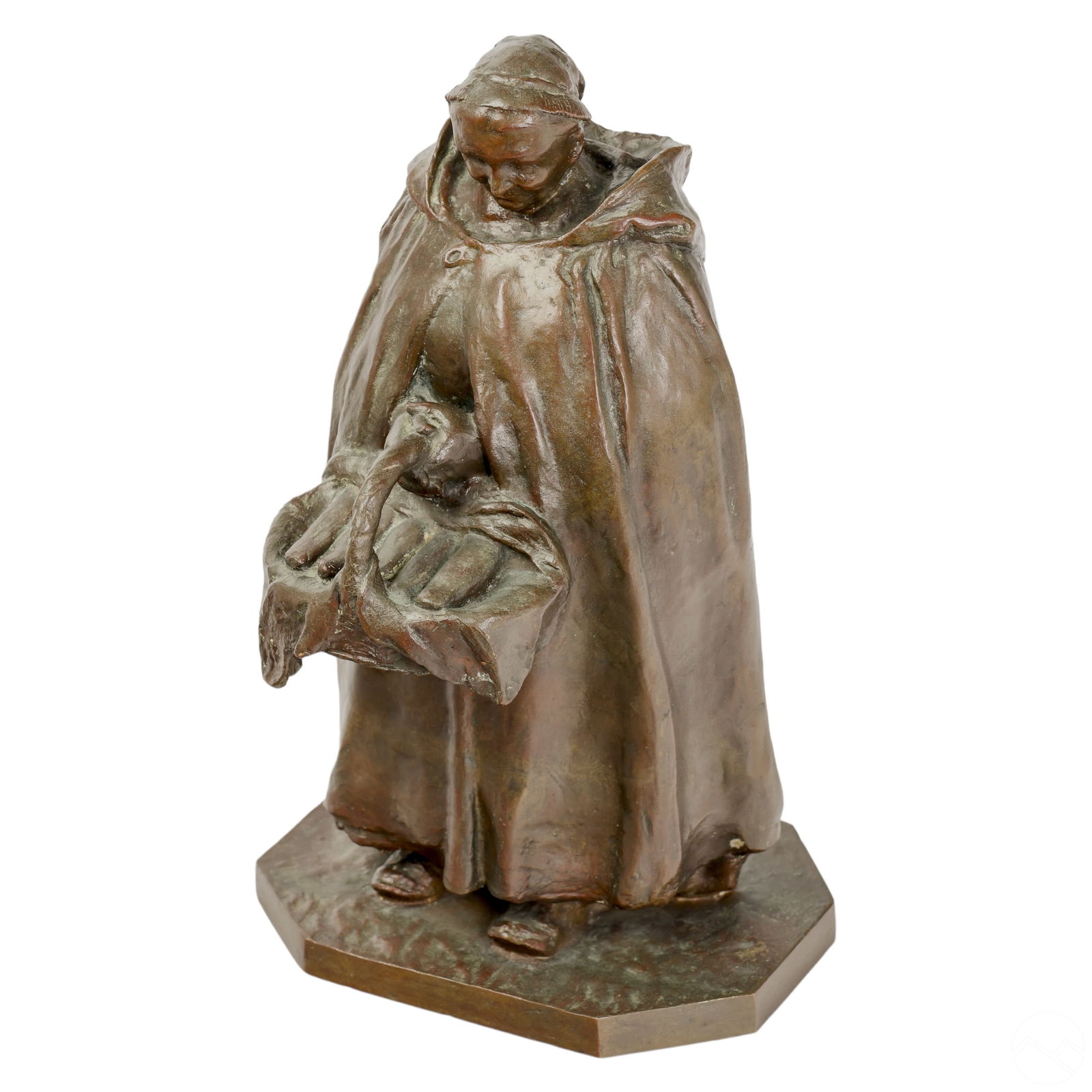 ANTIQUE BRONZE MONK WITH BASKET