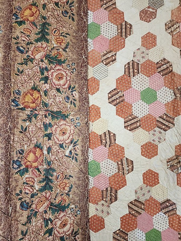Antique c1870 Hexagon Quilt with