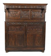 ANTIQUE CARVED OAK COURT CUPBO