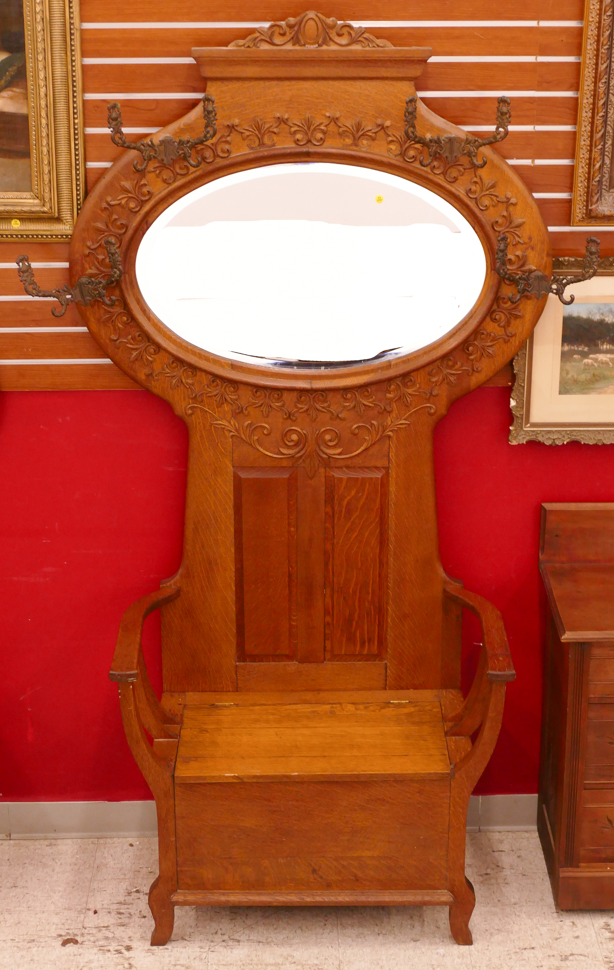 Antique Carved Oak Hall Tree-