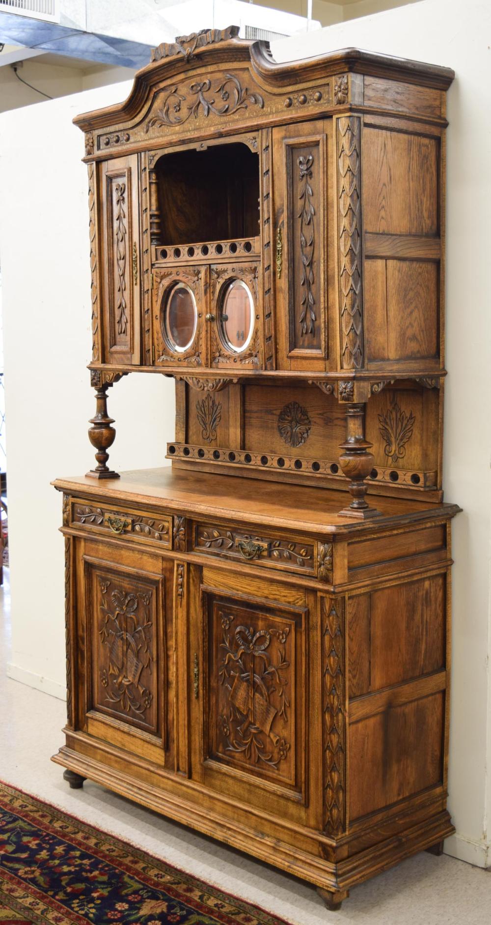 ANTIQUE CARVED OAK SIDEBOARD,