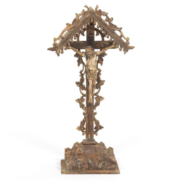 ANTIQUE CARVED WOOD CRUCIFIXION,