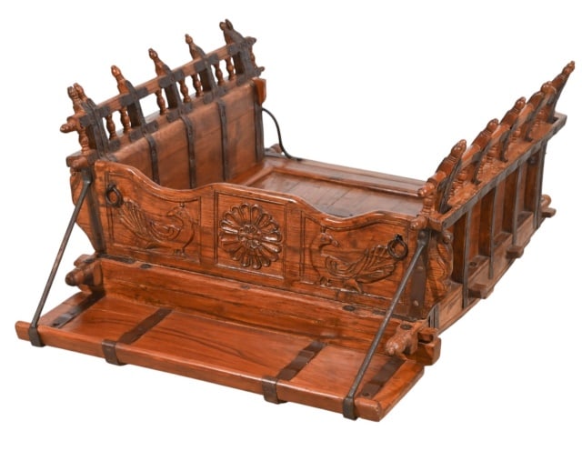 ANTIQUE CARVED WOOD & IRON BANDED