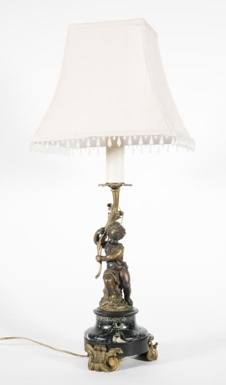 ANTIQUE CHERUB TABLE LAMPBronze and