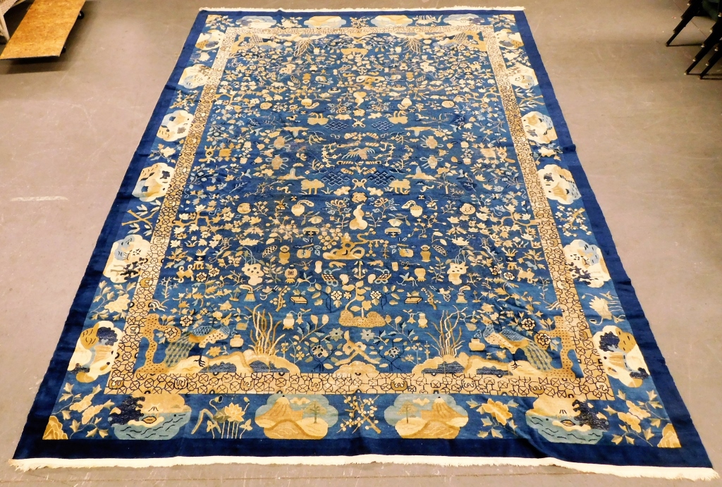 ANTIQUE CHINESE BLUE SILK PICTORIAL