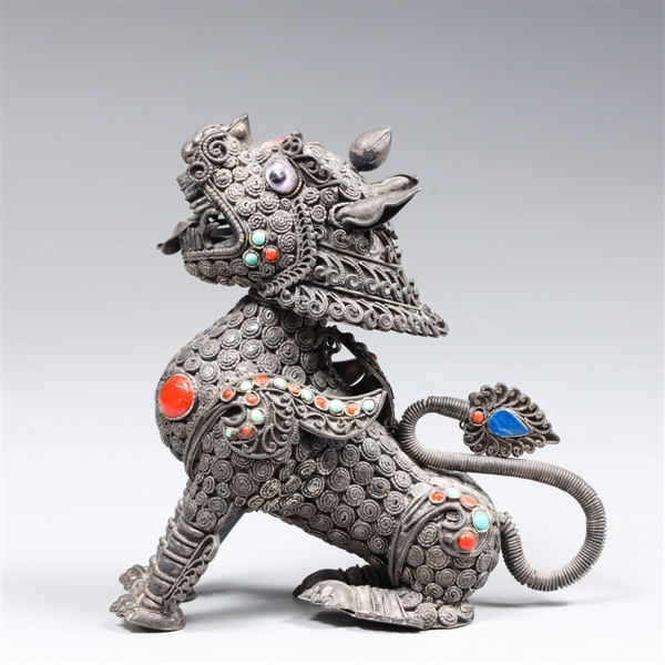Antique Chinese inlayed silver lion