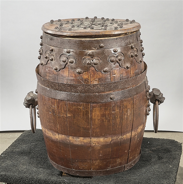 Antique Chinese wood barrel; with