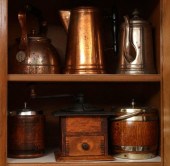 ANTIQUE COFFEE GRINDER, POTS,