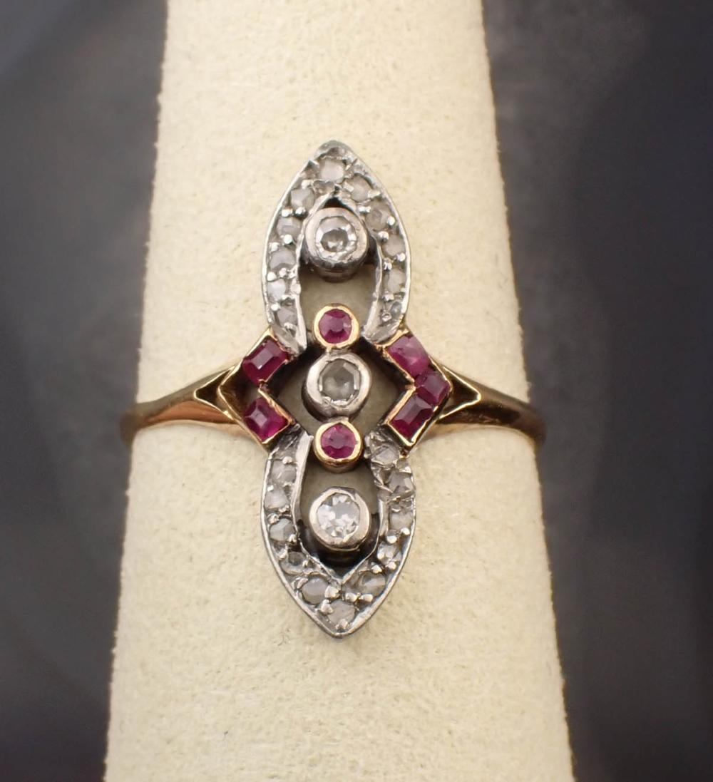 ANTIQUE DIAMOND AND RUBY NAVETTE