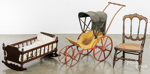 ANTIQUE DOLL CRADLE, CHAIR, AND