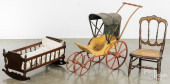 ANTIQUE DOLL CRADLE, CHAIR, AN