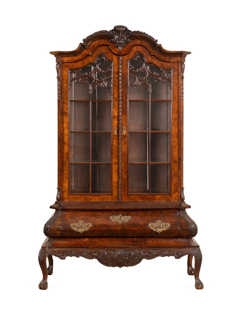 ANTIQUE DUTCH BURL BOMBE VITRINE