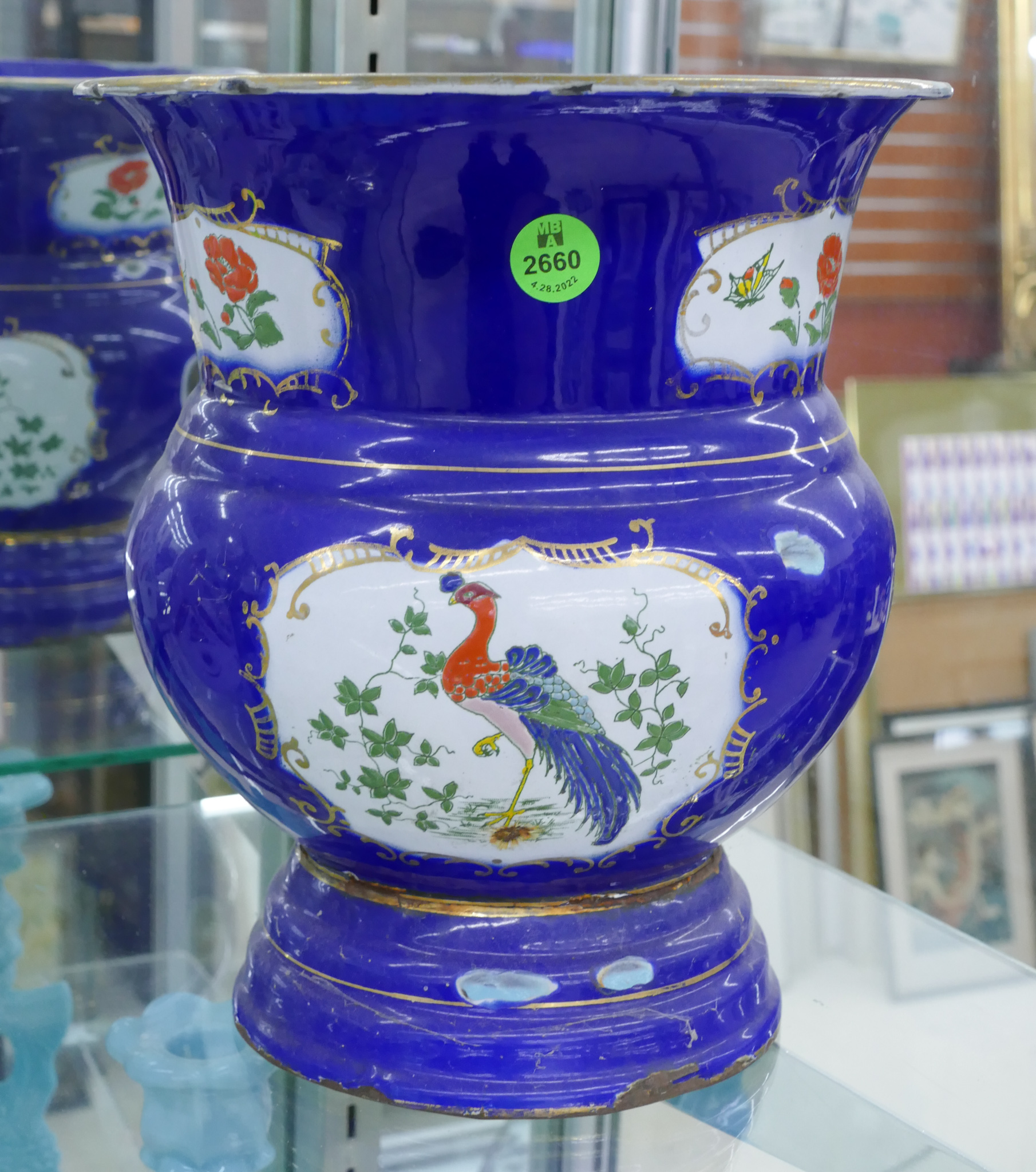 Antique Enameled Cobalt Spittoon-
