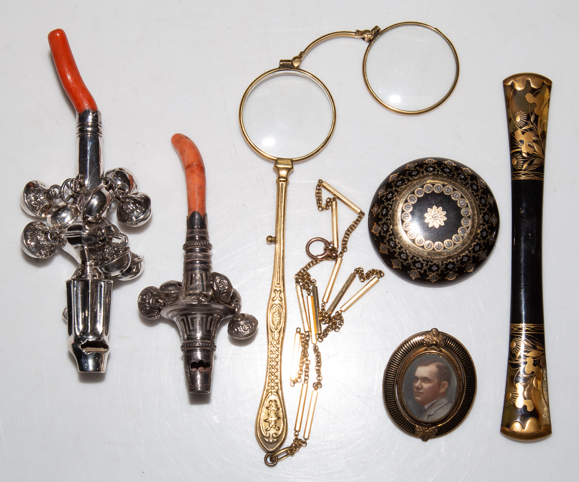 ANTIQUE ENGLISH BABY RATTLES, PIQUE