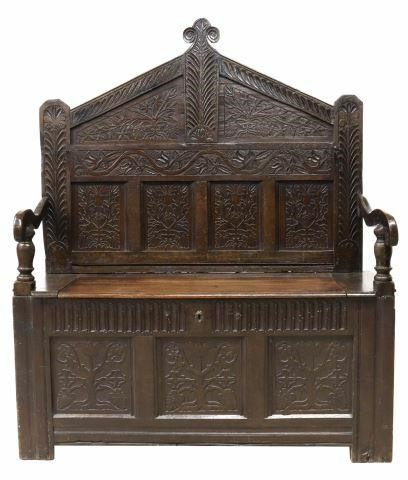 ANTIQUE ENGLISH CARVED OAK SETTLE
