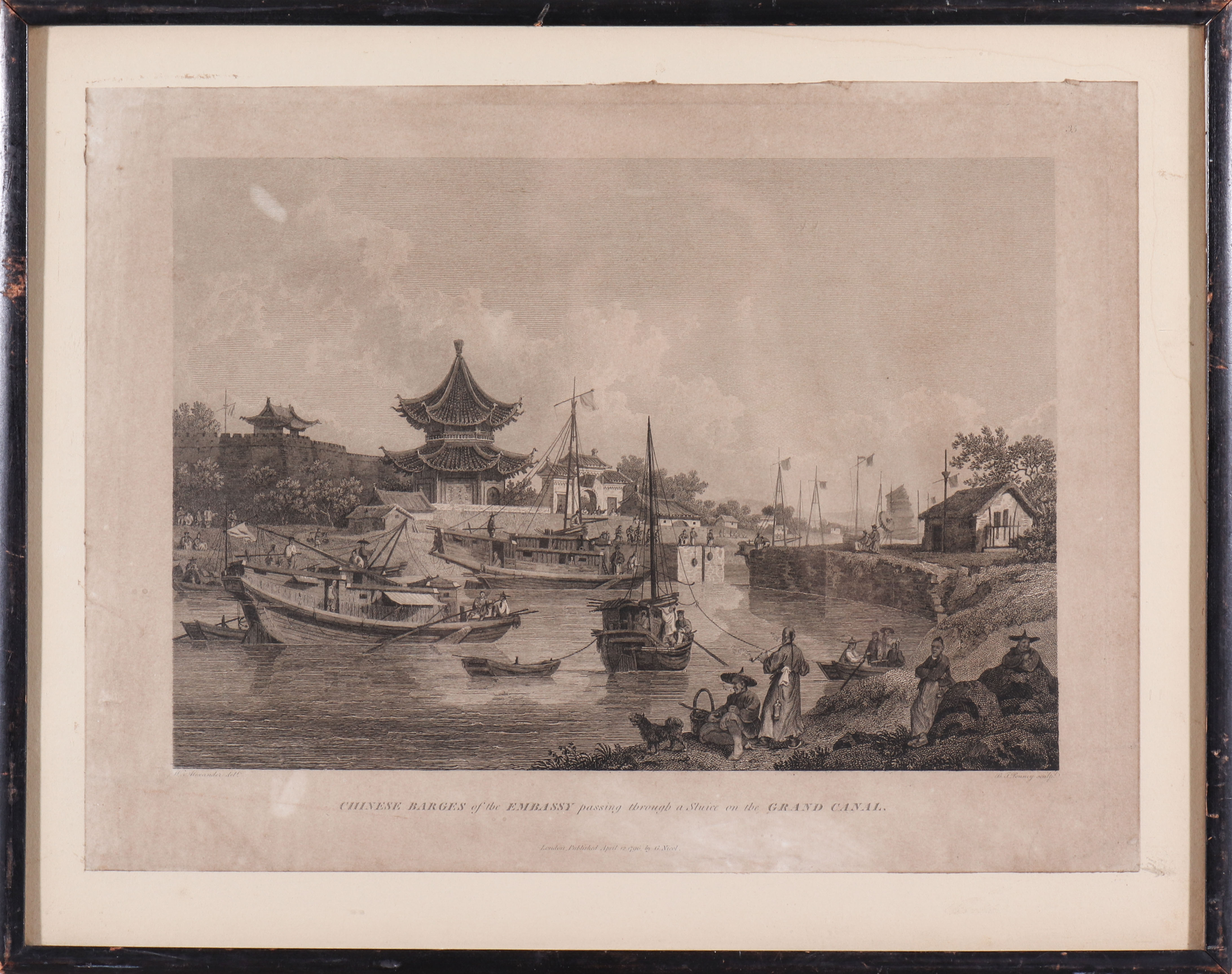 ANTIQUE ENGRAVING "CHINESE BARGES