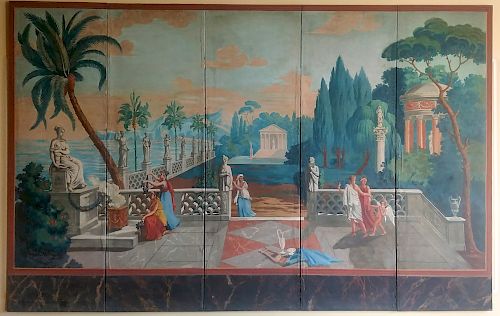 ANTIQUE FIVE-FOLD SCENIC PAINTED