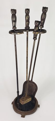 ANTIQUE FOUR-PIECE FIGURAL OWL FIRE