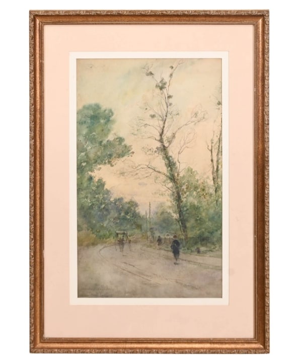 ANTIQUE FRENCH WATERCOLOR ALONG THE