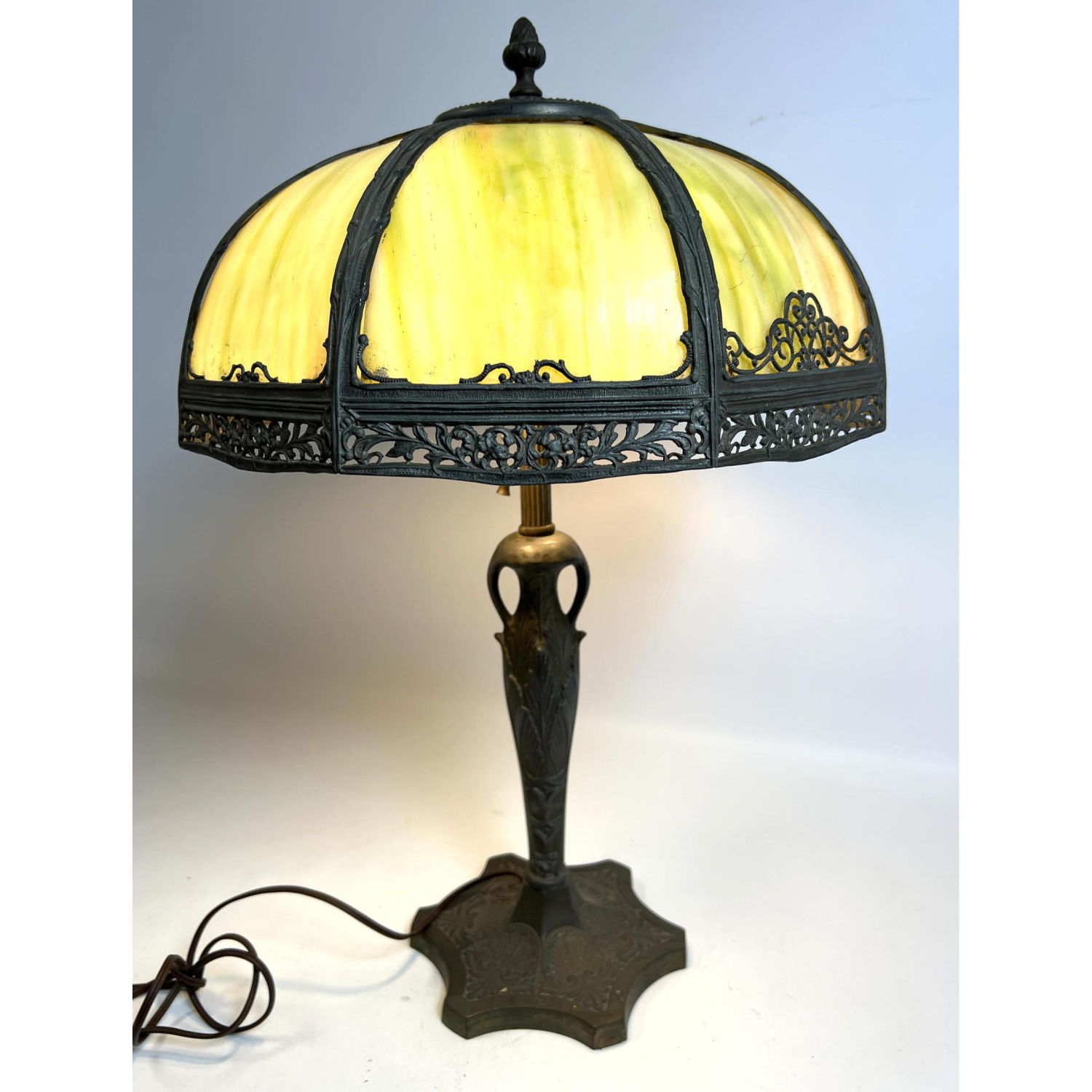Antique green slag glass lamp