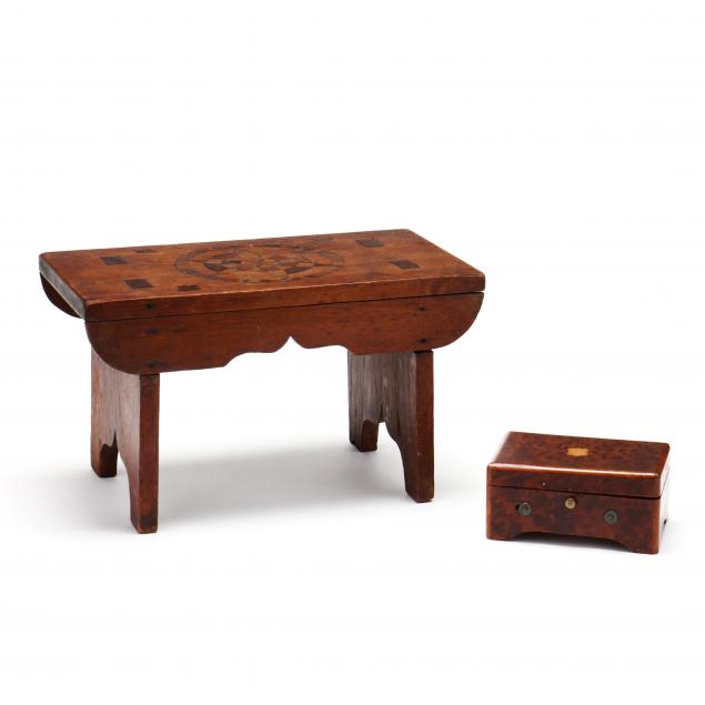 ANTIQUE INLAID FOOTSTOOL AND