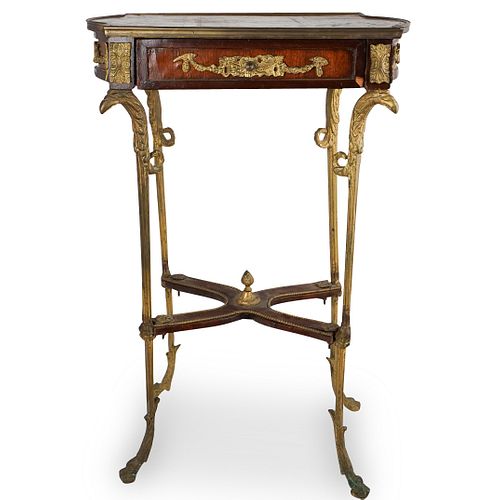 ANTIQUE INLAID WOOD & BRONZE SIDE