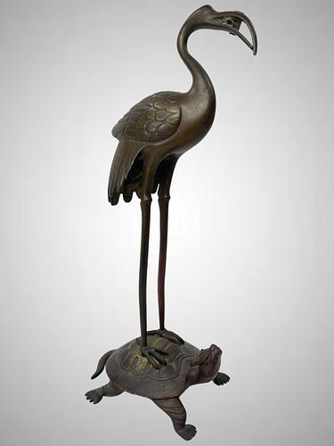 ANTIQUE JAPANESE BRONZE HERON ON