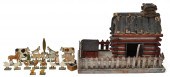 ANTIQUE LOG CABIN WITH ANIMALS