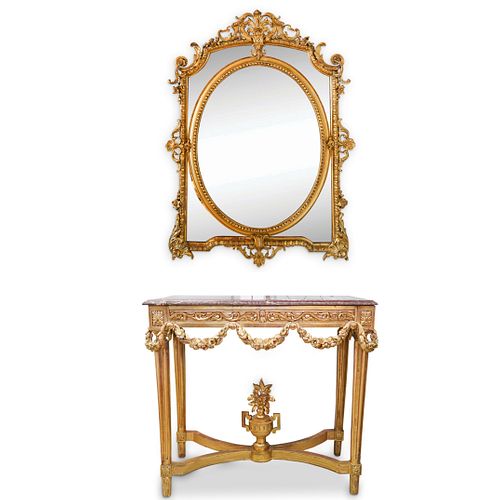 ANTIQUE MARBLE AND WOOD CONSOLE AND